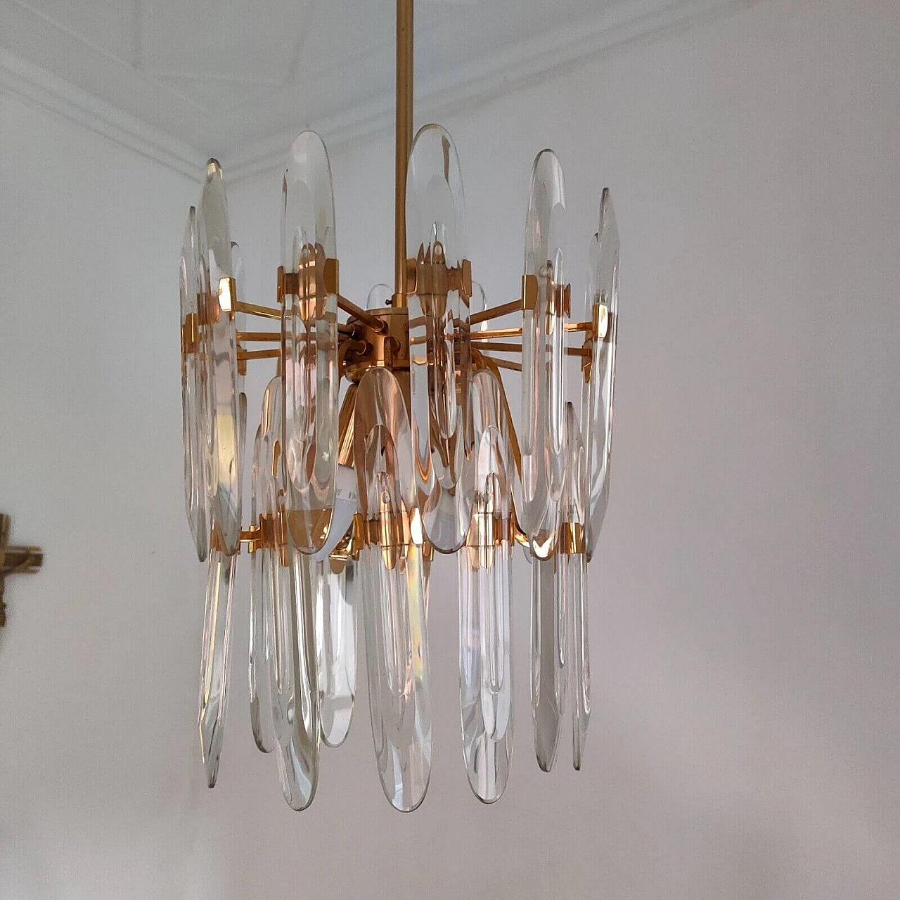 Pair of brass and glass chandeliers by Gaetano Sciolari, 1970s 5