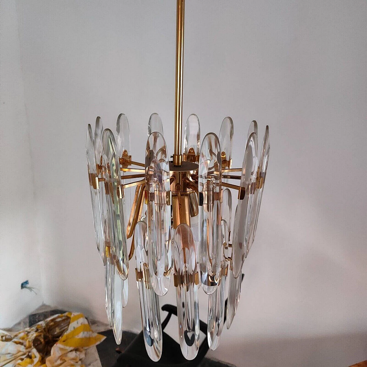 Pair of brass and glass chandeliers by Gaetano Sciolari, 1970s 7