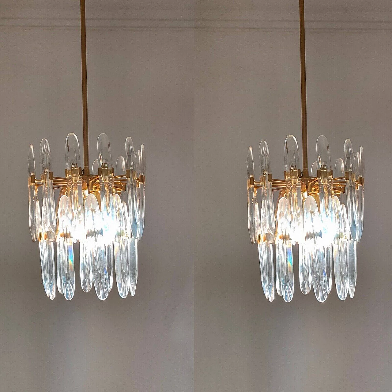 Pair of brass and glass chandeliers by Gaetano Sciolari, 1970s 11
