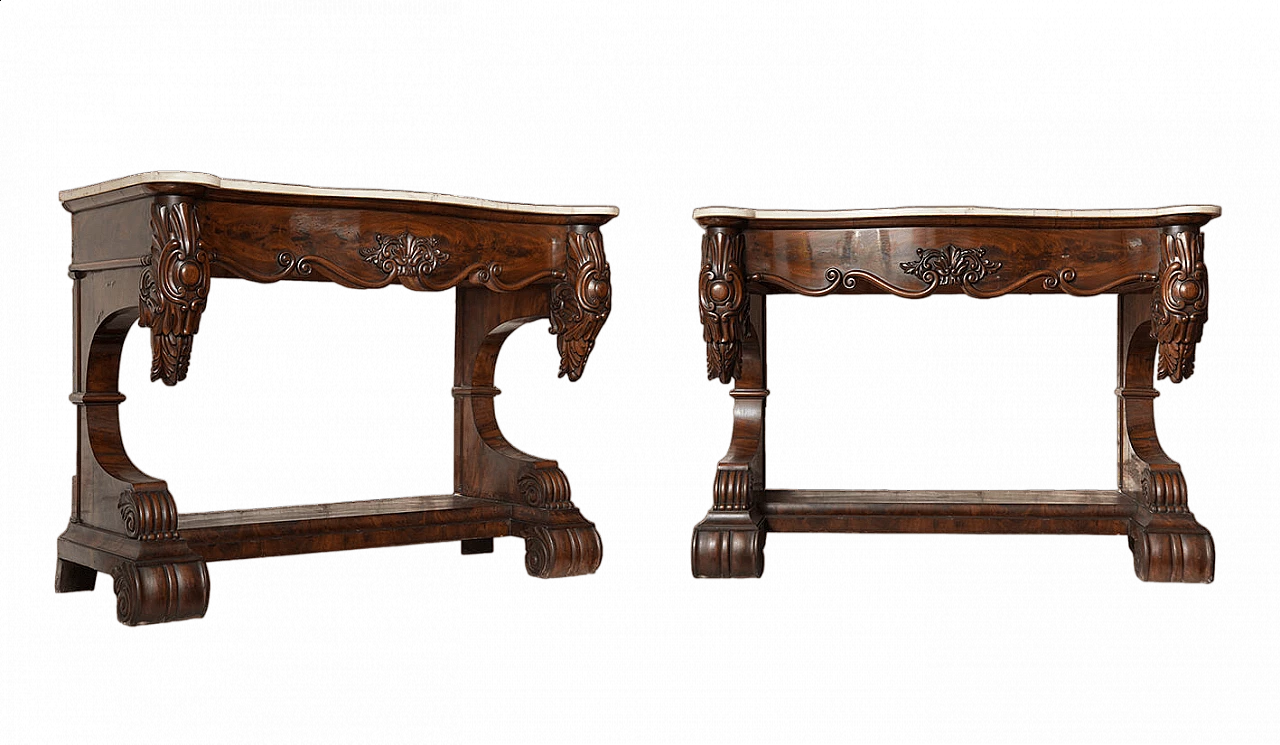 Pair of Louis Philippe mahogany feather console tables with statuary white marble top, 19th century 5