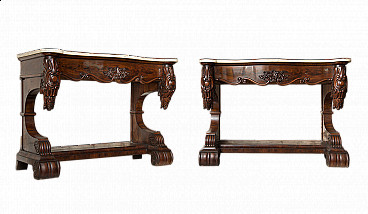 Pair of Louis Philippe mahogany feather console tables with statuary white marble top, 19th century