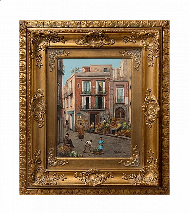 Scorcio dei quartieri di Napoli, olio su tela firmato A. Amoroso, inizio '900
