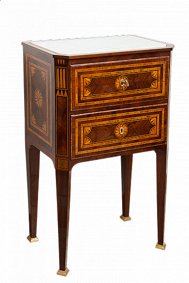 Louis XVI bedside table in exotic wood with white statuary marble top, 19th century