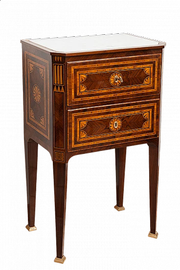 Louis XVI bedside table in exotic wood with white statuary marble top, 19th century