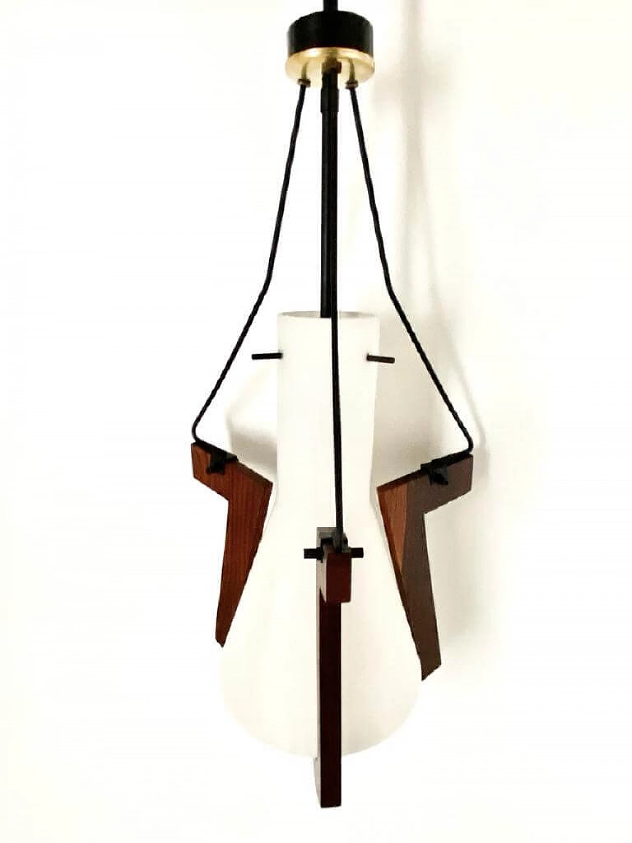 Glass, iron and teak hanging lamp by Stilnovo, 1950s 3