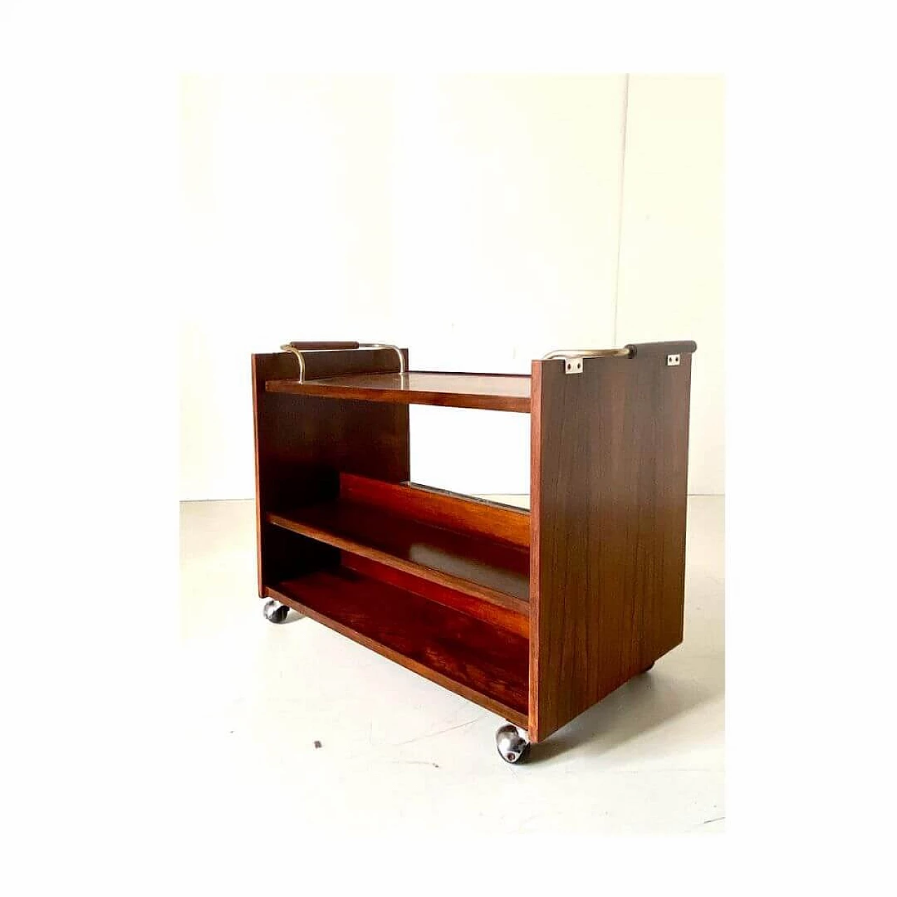 Bar cart in rosewood and chrome-plated iron, 1960s 3