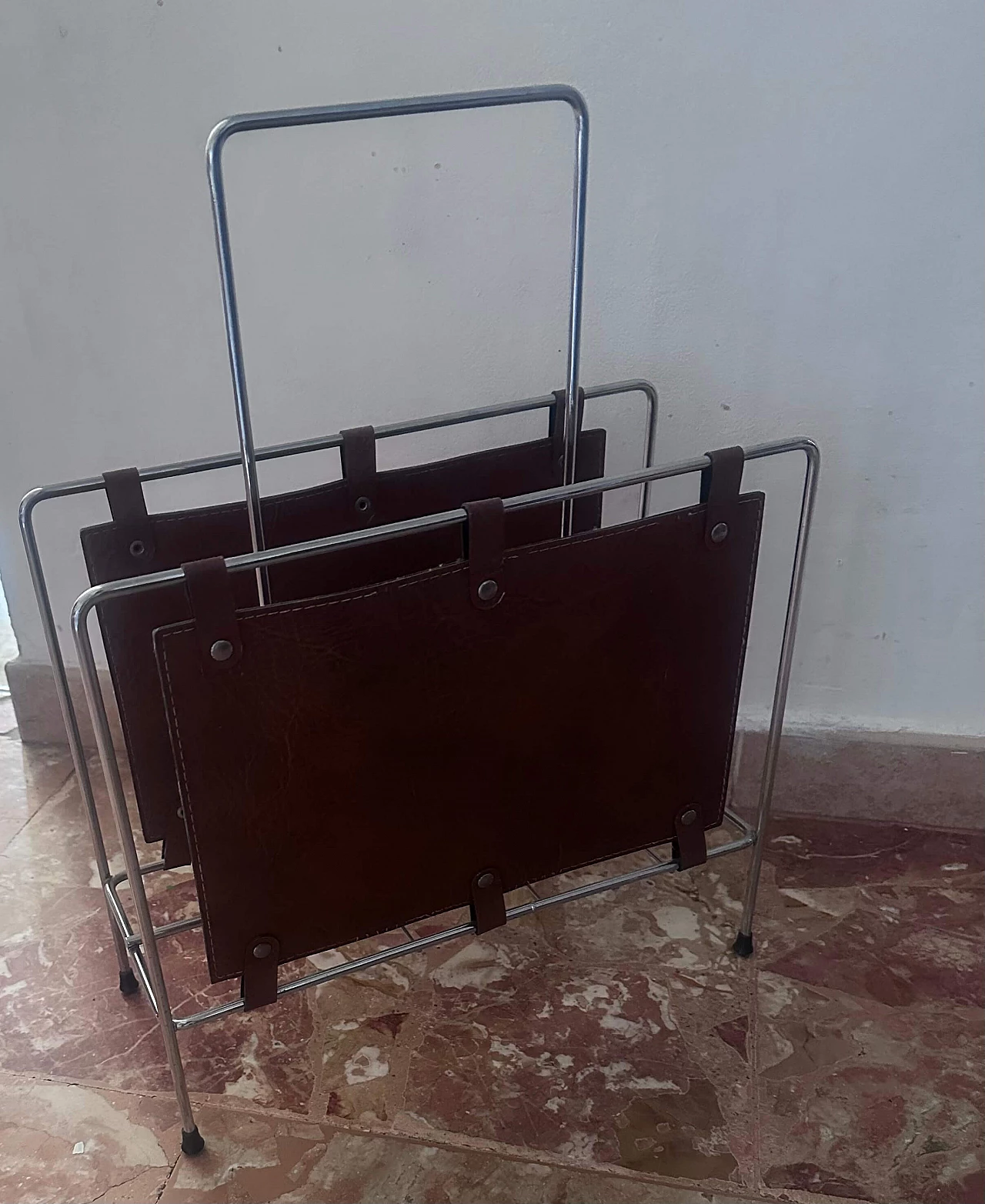 Stainless steel and leather magazine rack, 1980s 1