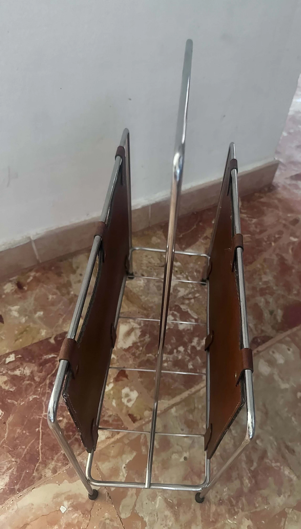 Stainless steel and leather magazine rack, 1980s 2