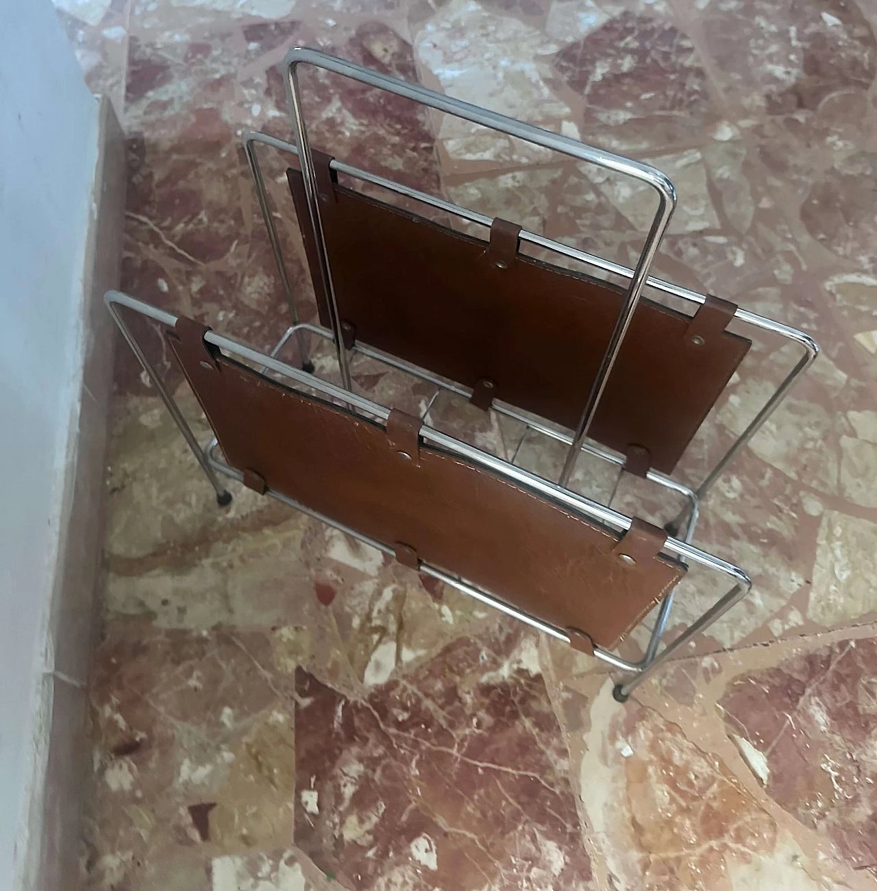 Stainless steel and leather magazine rack, 1980s 3