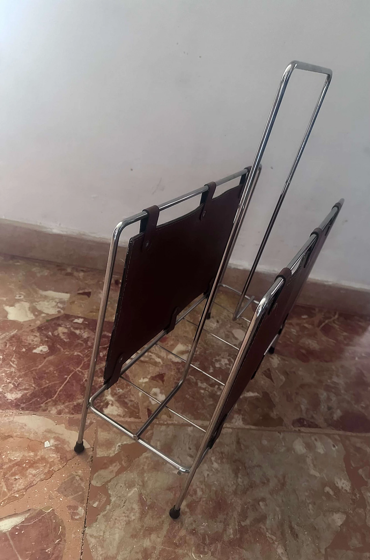 Stainless steel and leather magazine rack, 1980s 5