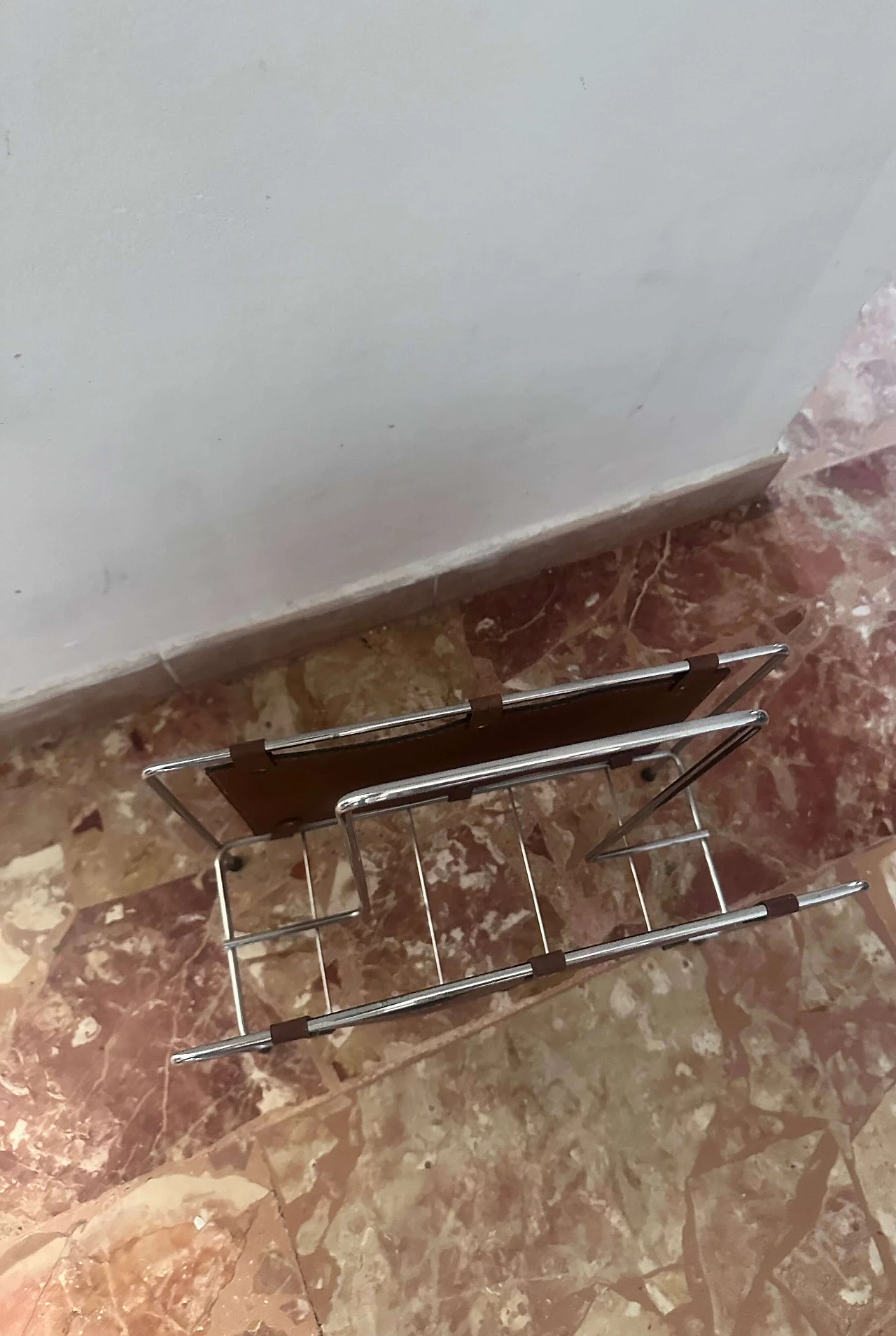 Stainless steel and leather magazine rack, 1980s 6