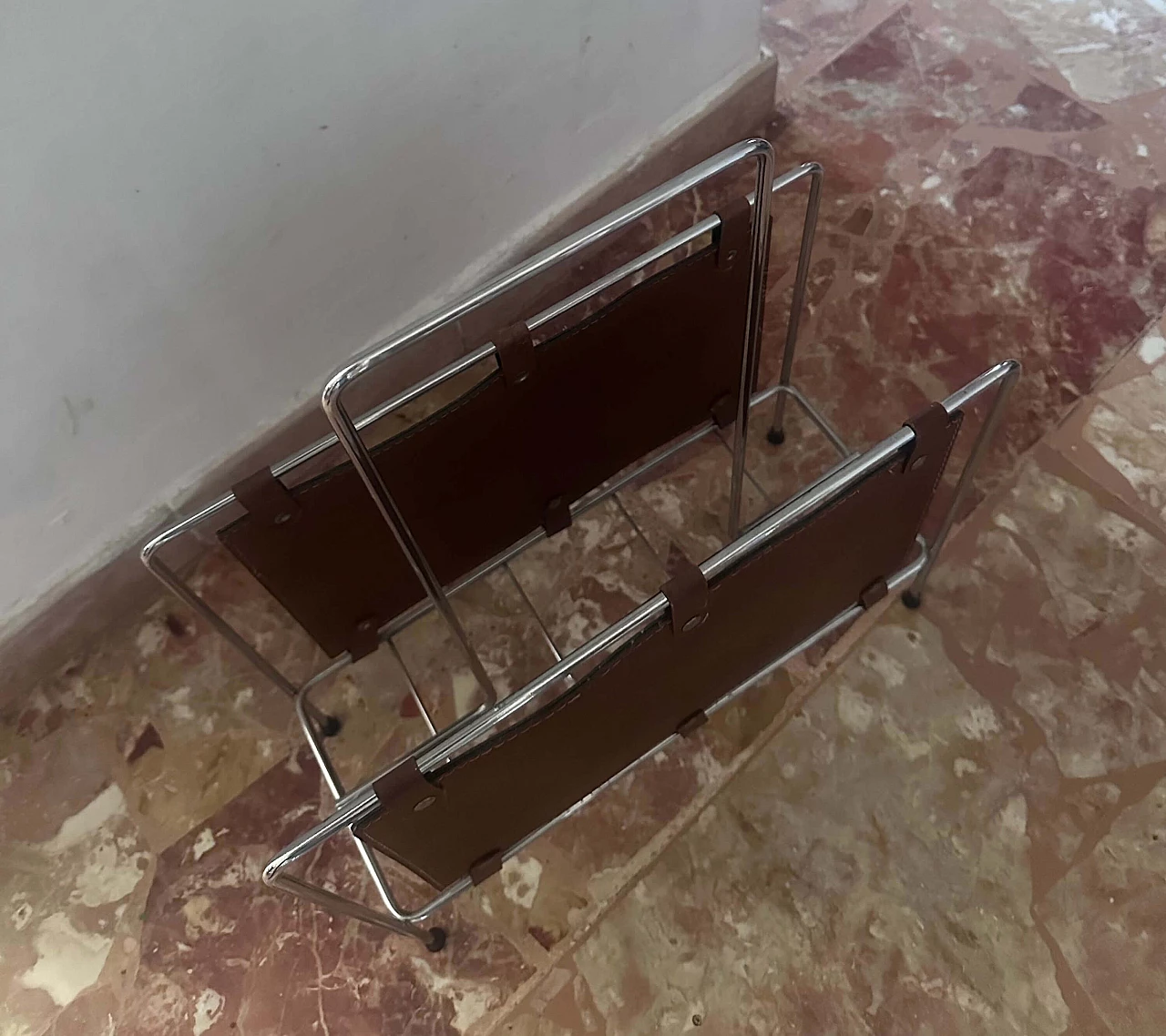 Stainless steel and leather magazine rack, 1980s 7