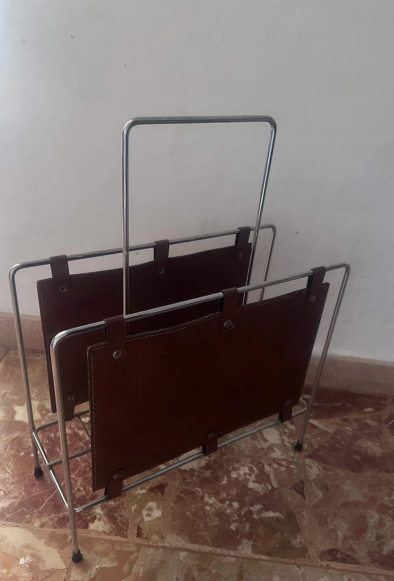 Stainless steel and leather magazine rack, 1980s 8
