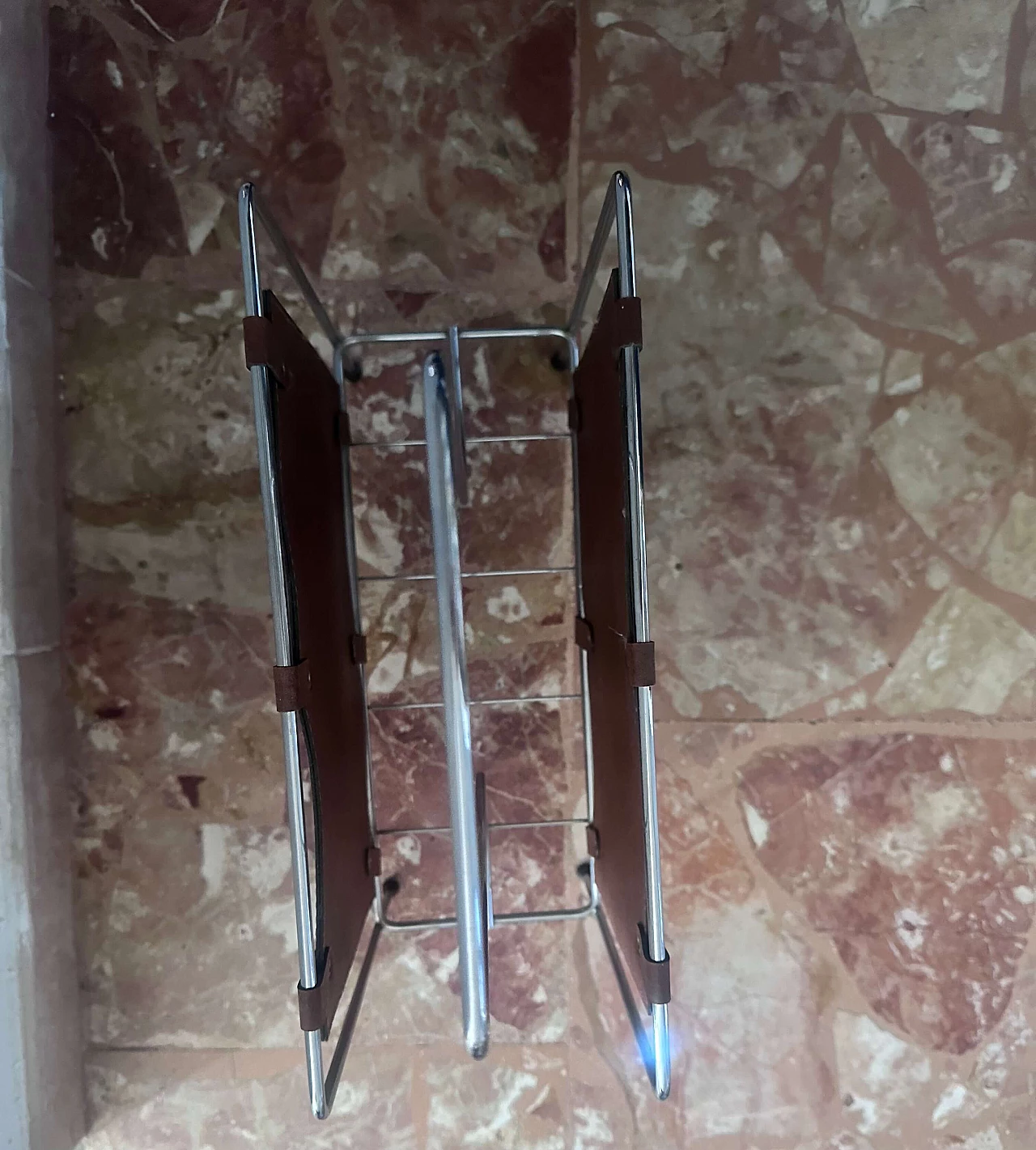 Stainless steel and leather magazine rack, 1980s 9