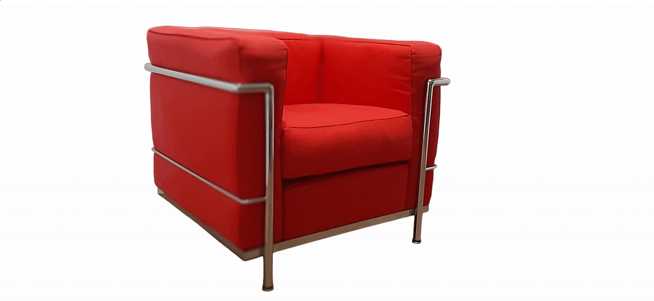 LC 2 armchair in red cotton by Le Corbusier, P. Jeanneret, C. Perriand for Alivar, 1980s 117