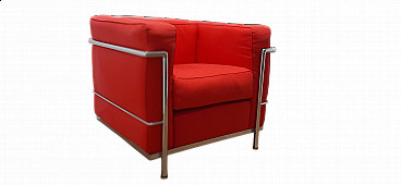 LC 2 armchair in red cotton by Le Corbusier, P. Jeanneret, C. Perriand for Alivar, 1980s