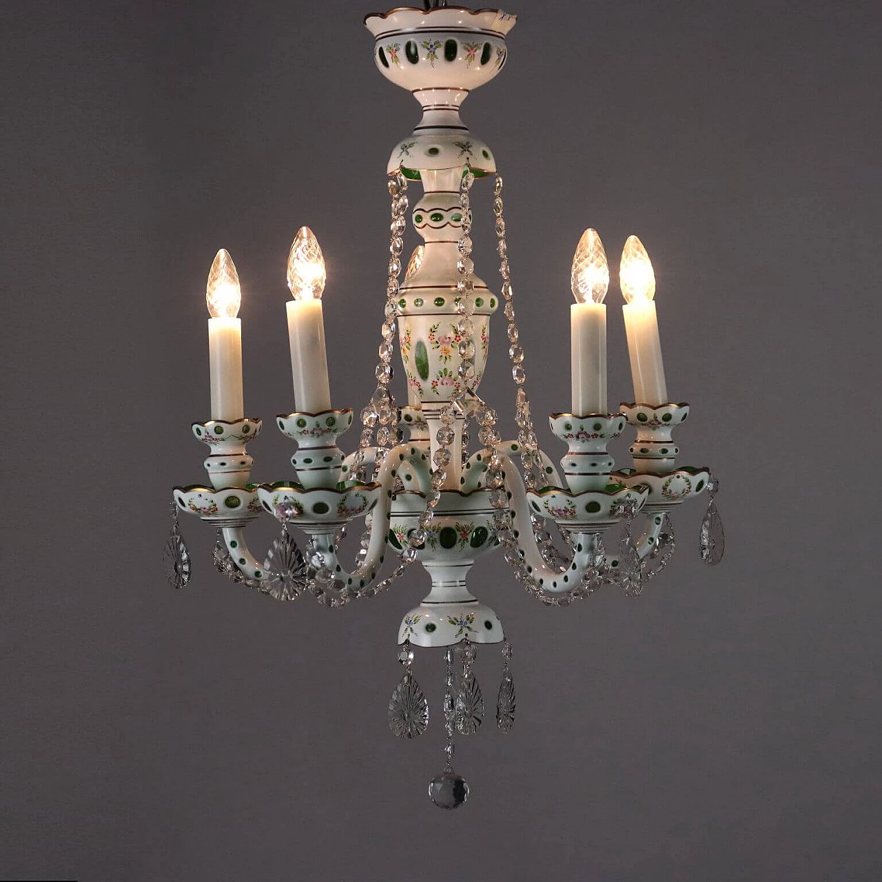 Bohemia milk glass chandelier with painted floral motifs 1