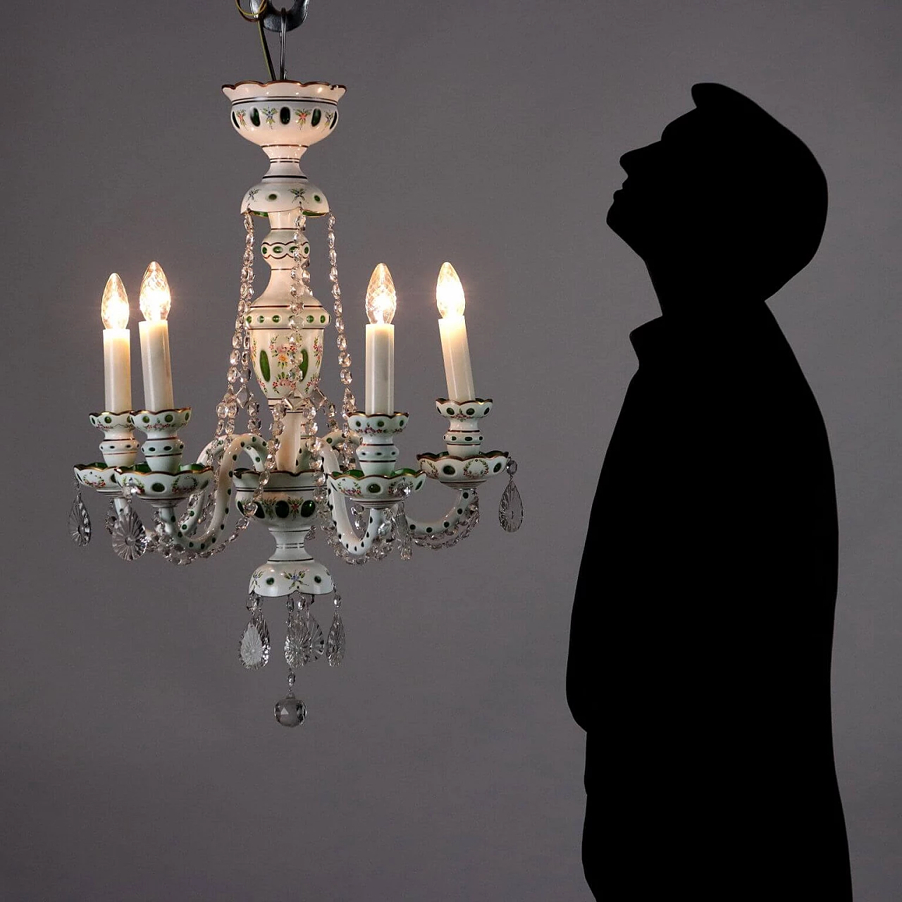 Bohemia milk glass chandelier with painted floral motifs 2