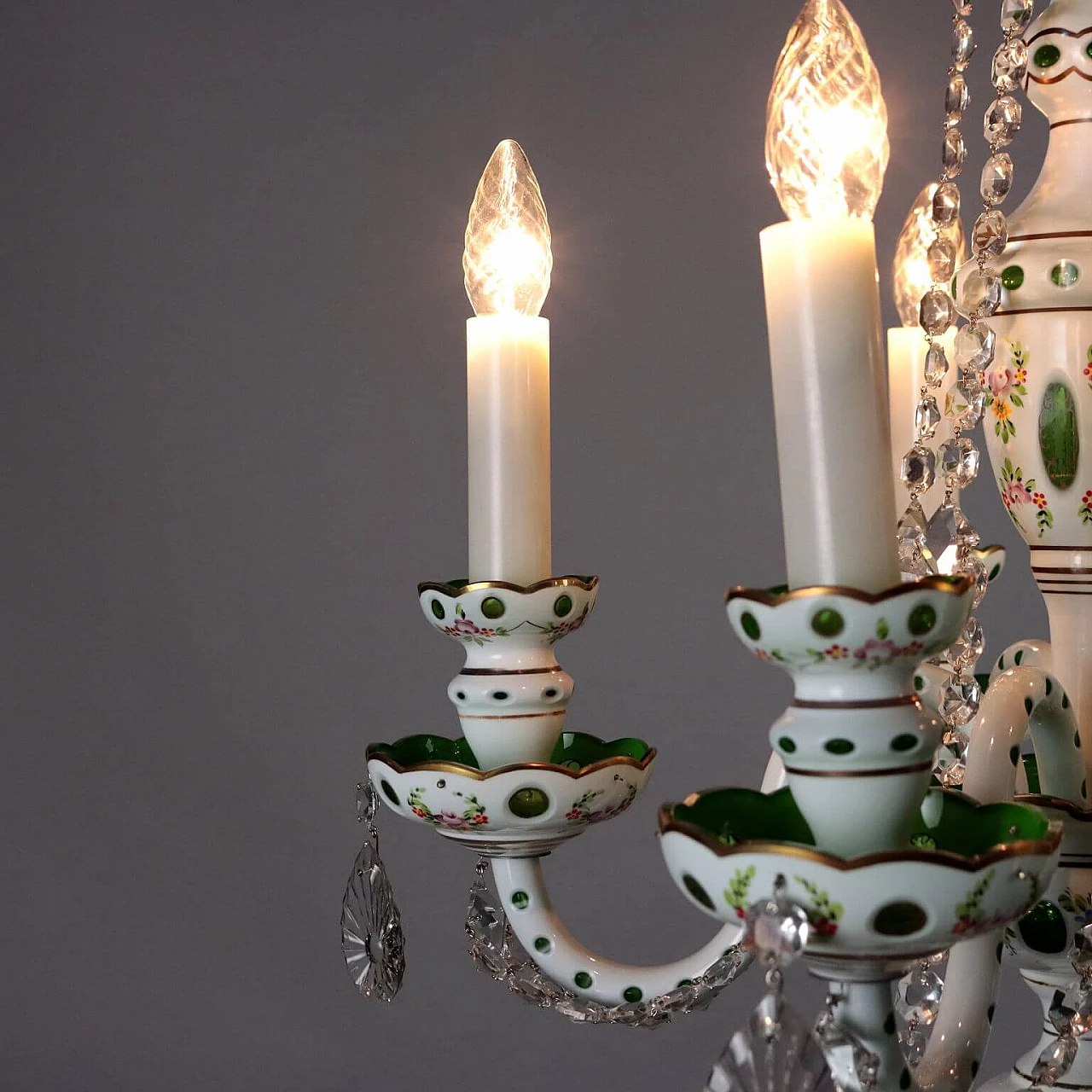 Bohemia milk glass chandelier with painted floral motifs 3