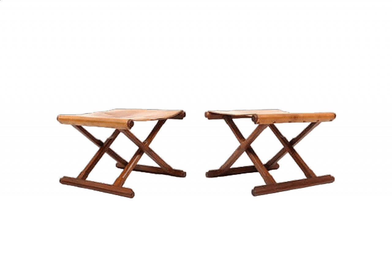 Pair of Danish teak and leather folding stools, 1960s 24