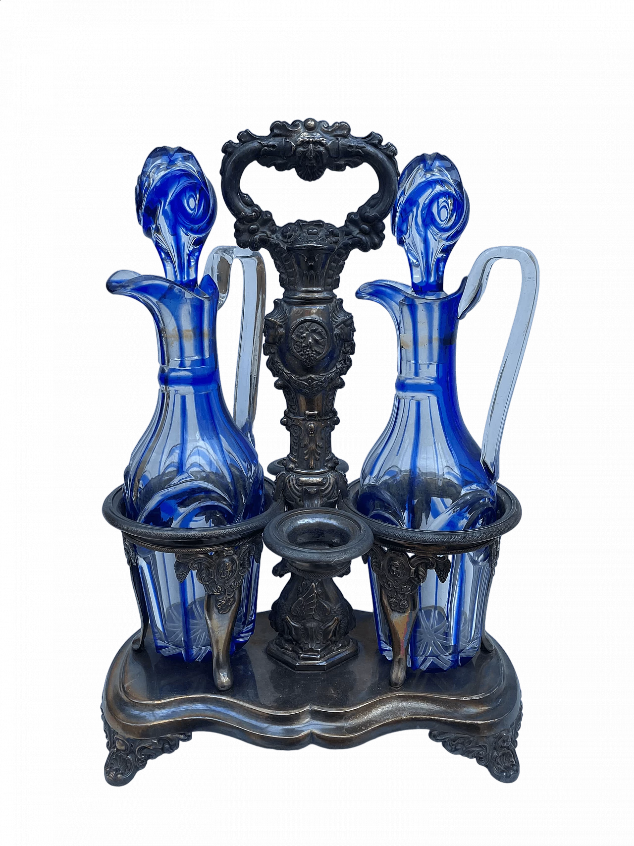 Blue glass oil and vinegar cruets with silver stand, 1820 9