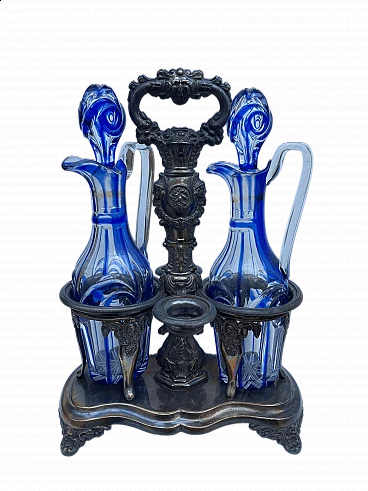 Blue glass oil and vinegar cruets with silver stand, 1820