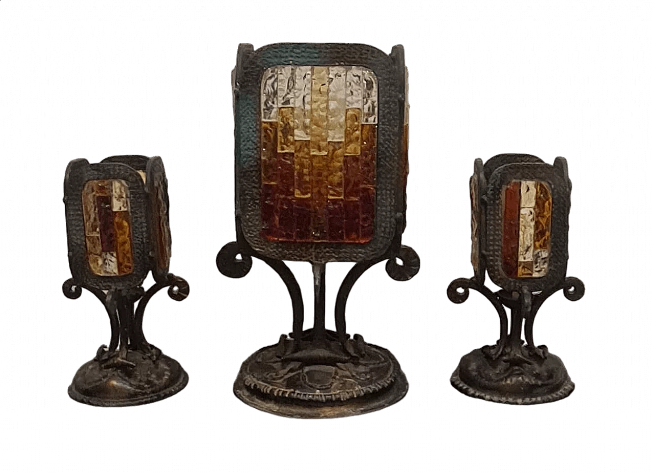 3 Brutalist wrought iron lamps with Murano glass mosaics attributed to Poli Arte, 1970s 13