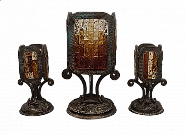 3 Brutalist wrought iron lamps with Murano glass mosaics attributed to Poli Arte, 1970s