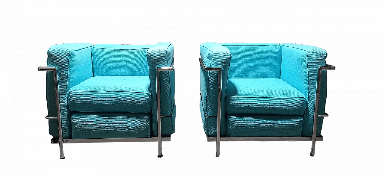 Pair of LC2 armchairs in light blue ribbed cotton by Le Corbusier, P. Jeanneret, C. Perriand for Alivar, 1989 27