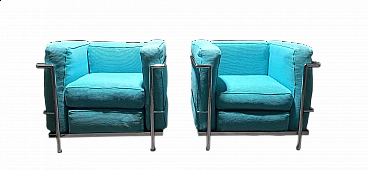 Pair of LC2 armchairs in light blue ribbed cotton by Le Corbusier, P. Jeanneret, C. Perriand for Alivar, 1989