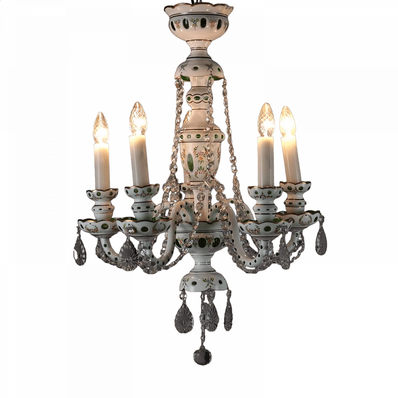 Bohemia milk glass chandelier with painted floral motifs 11