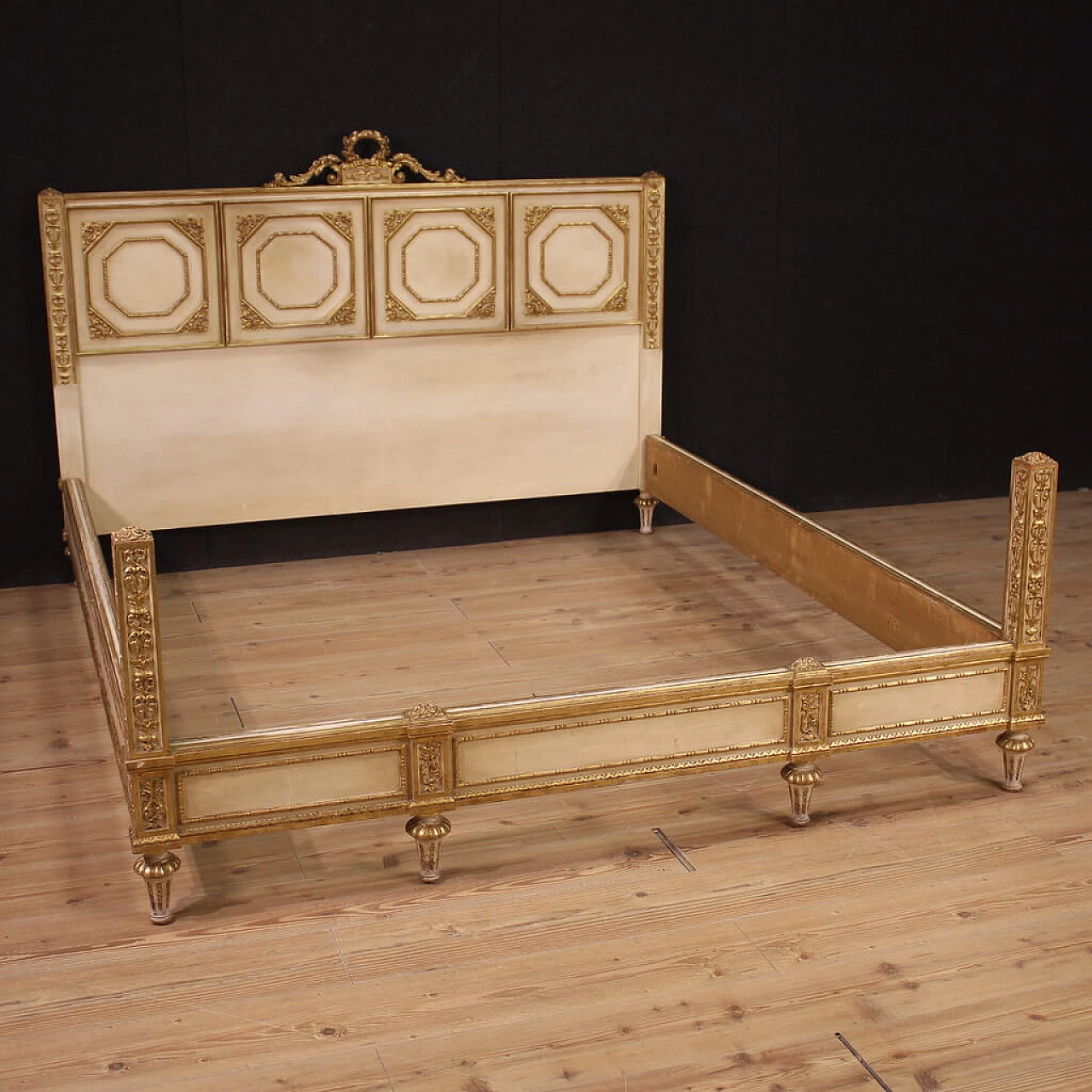 Carved, lacquered and gilded wooden double bed in Louis XVI style, 1950s 1