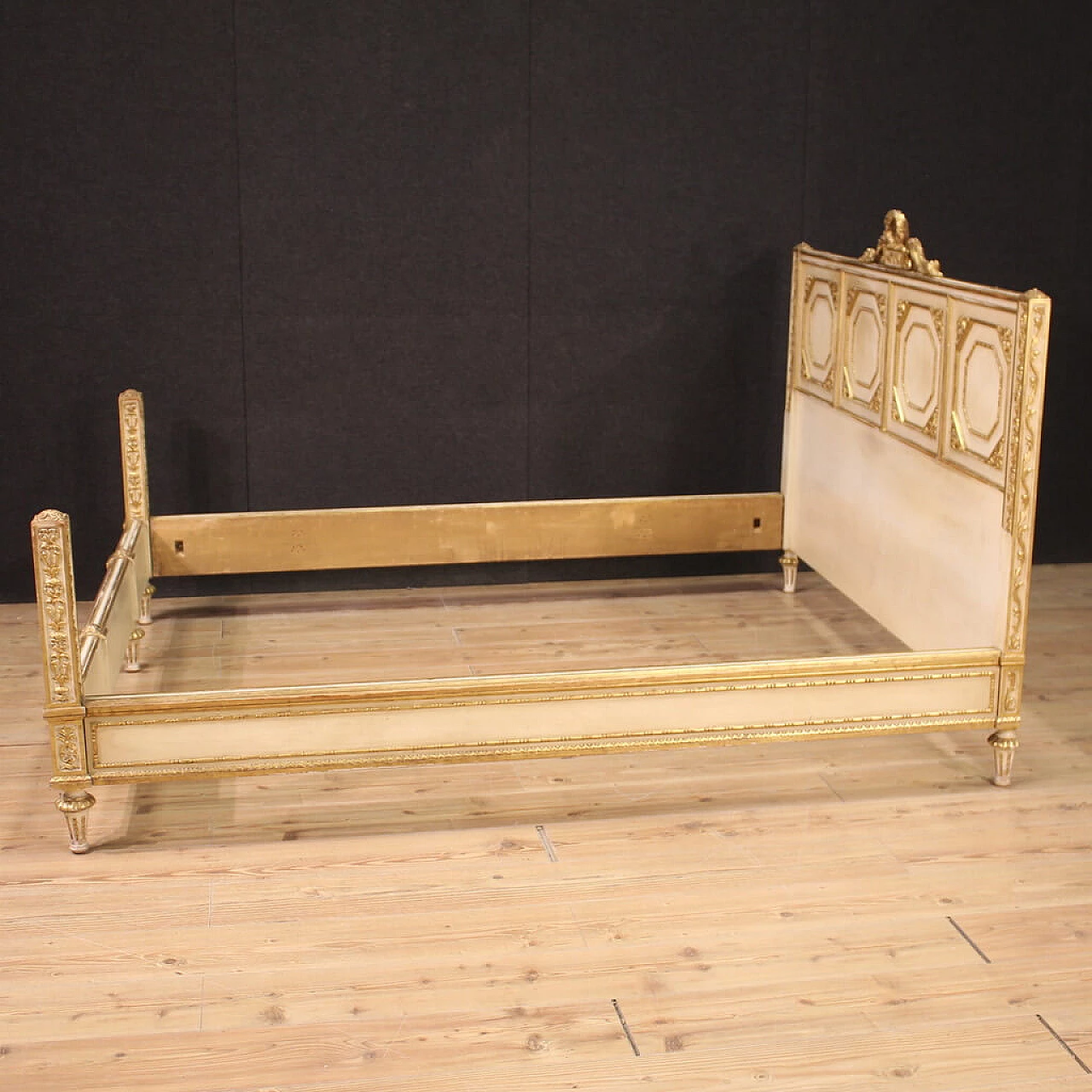 Carved, lacquered and gilded wooden double bed in Louis XVI style, 1950s 2