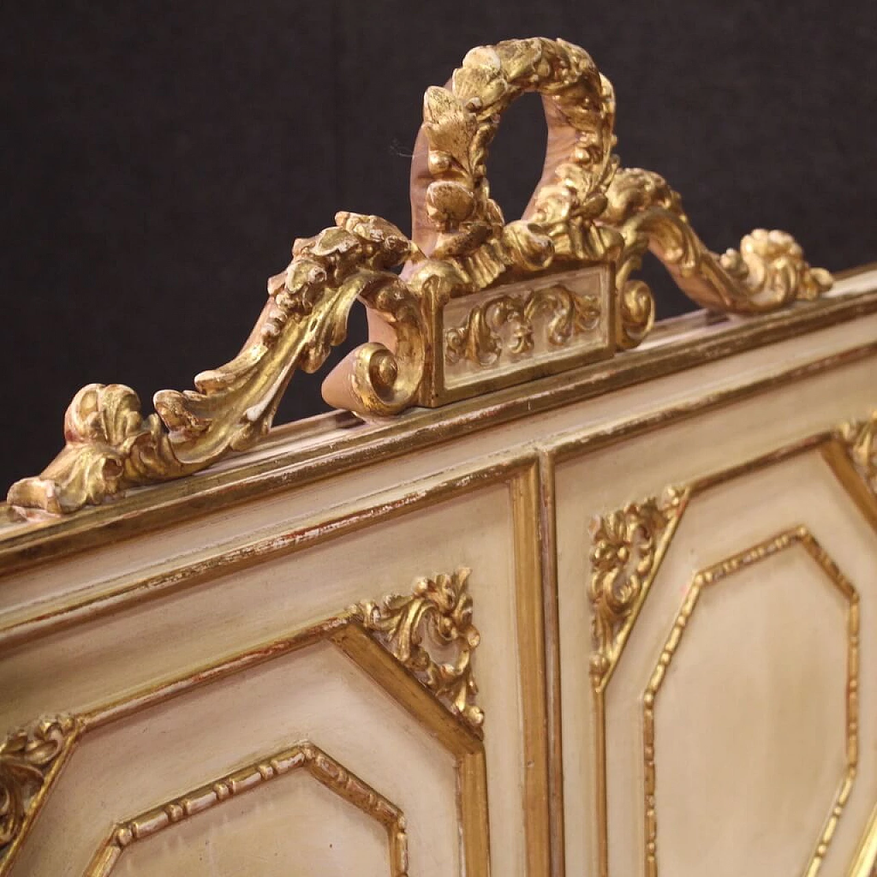 Carved, lacquered and gilded wooden double bed in Louis XVI style, 1950s 4