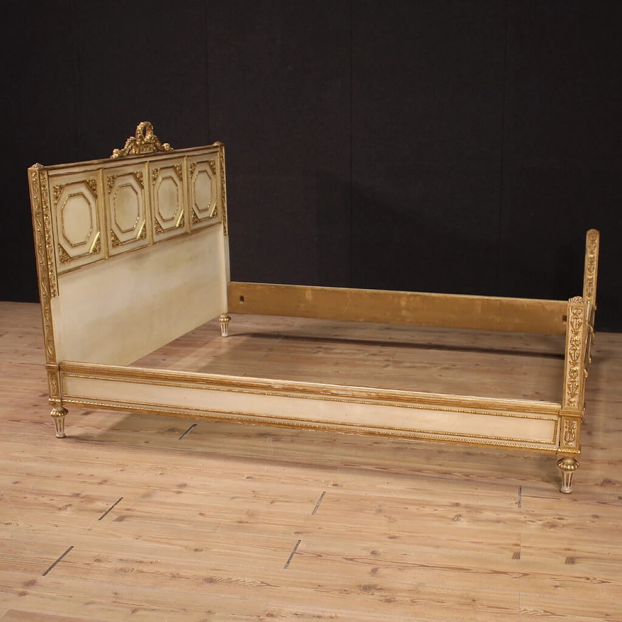 Carved, lacquered and gilded wooden double bed in Louis XVI style, 1950s 6