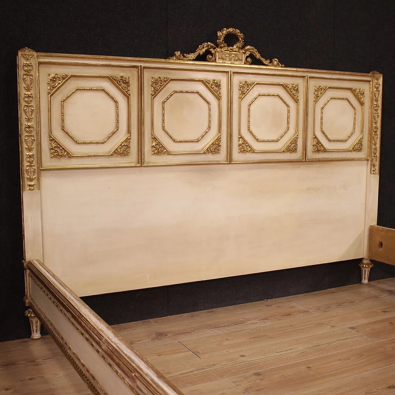 Carved, lacquered and gilded wooden double bed in Louis XVI style, 1950s 9