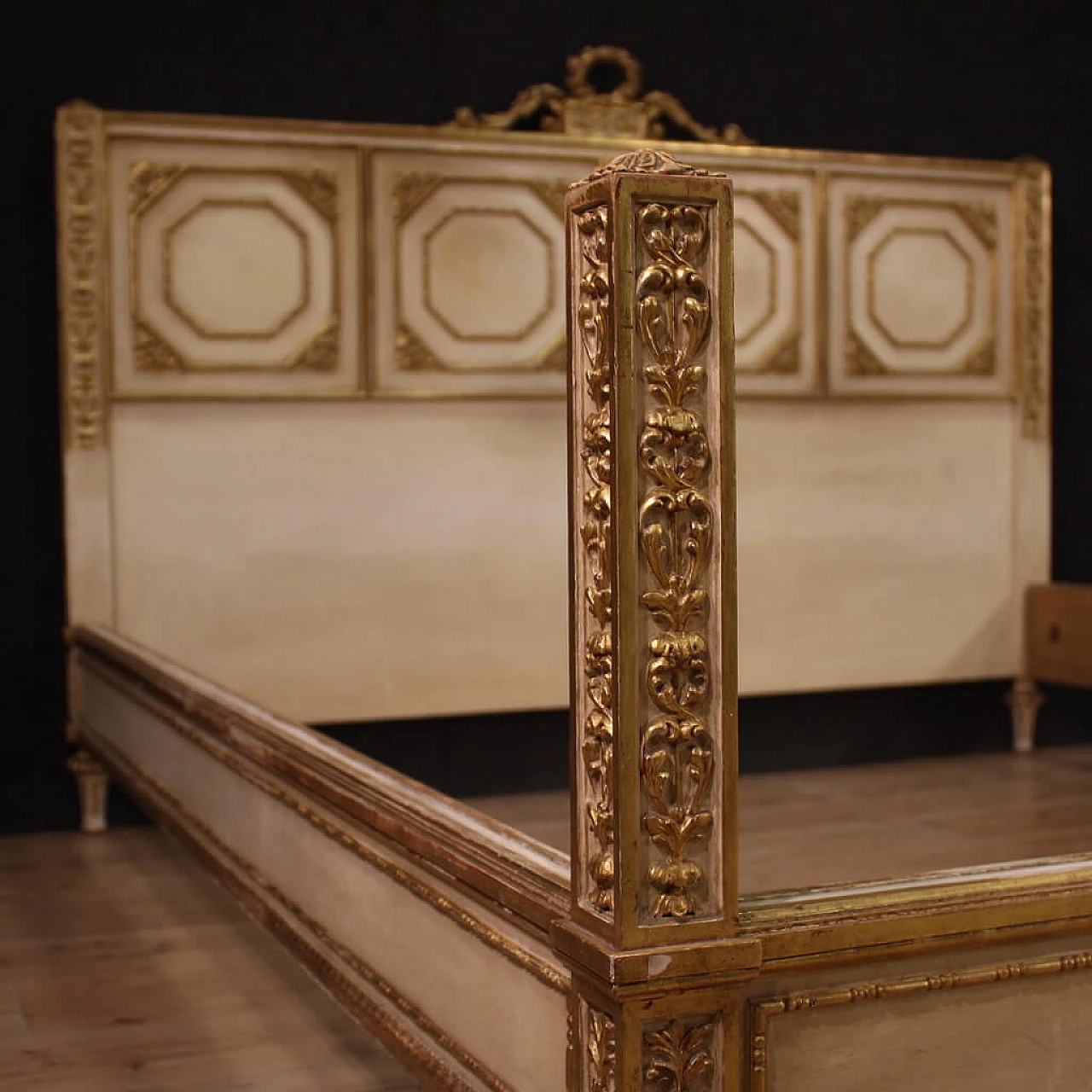Carved, lacquered and gilded wooden double bed in Louis XVI style, 1950s 10