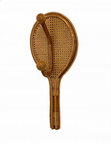 Vienna straw, bamboo and wicker tennis racket coat rack, 1970s