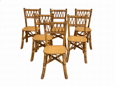 6 Chairs in bamboo and wicker, 1970s