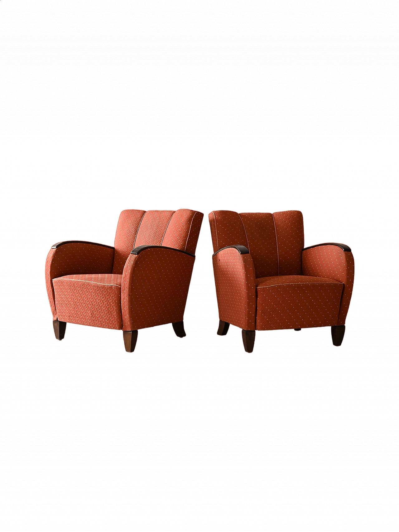 Pair of Art Deco fabric armchairs with stained wood armrests, 1930s 18