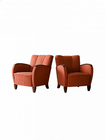 Pair of Art Deco fabric armchairs with stained wood armrests, 1930s