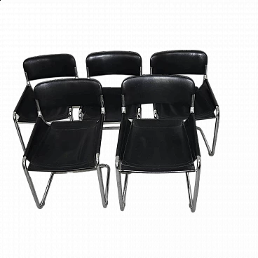 5 Chairs in chrome and black leather, 1970s