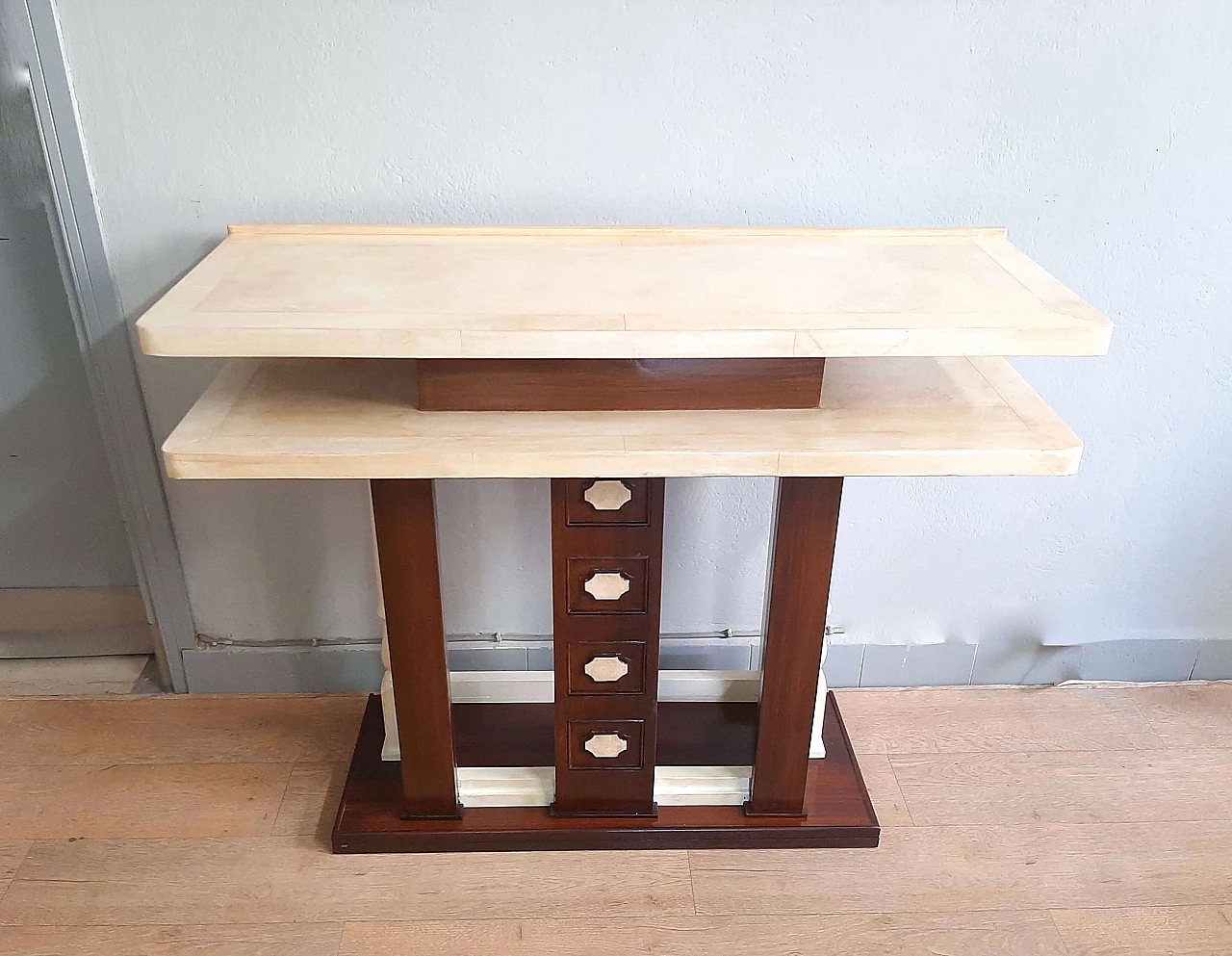 Art Deco walnut, lacquer and parchment console, 1950s 1