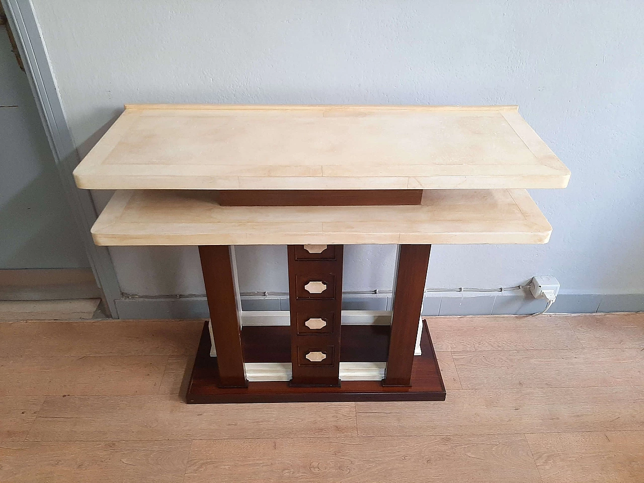 Art Deco walnut, lacquer and parchment console, 1950s 2