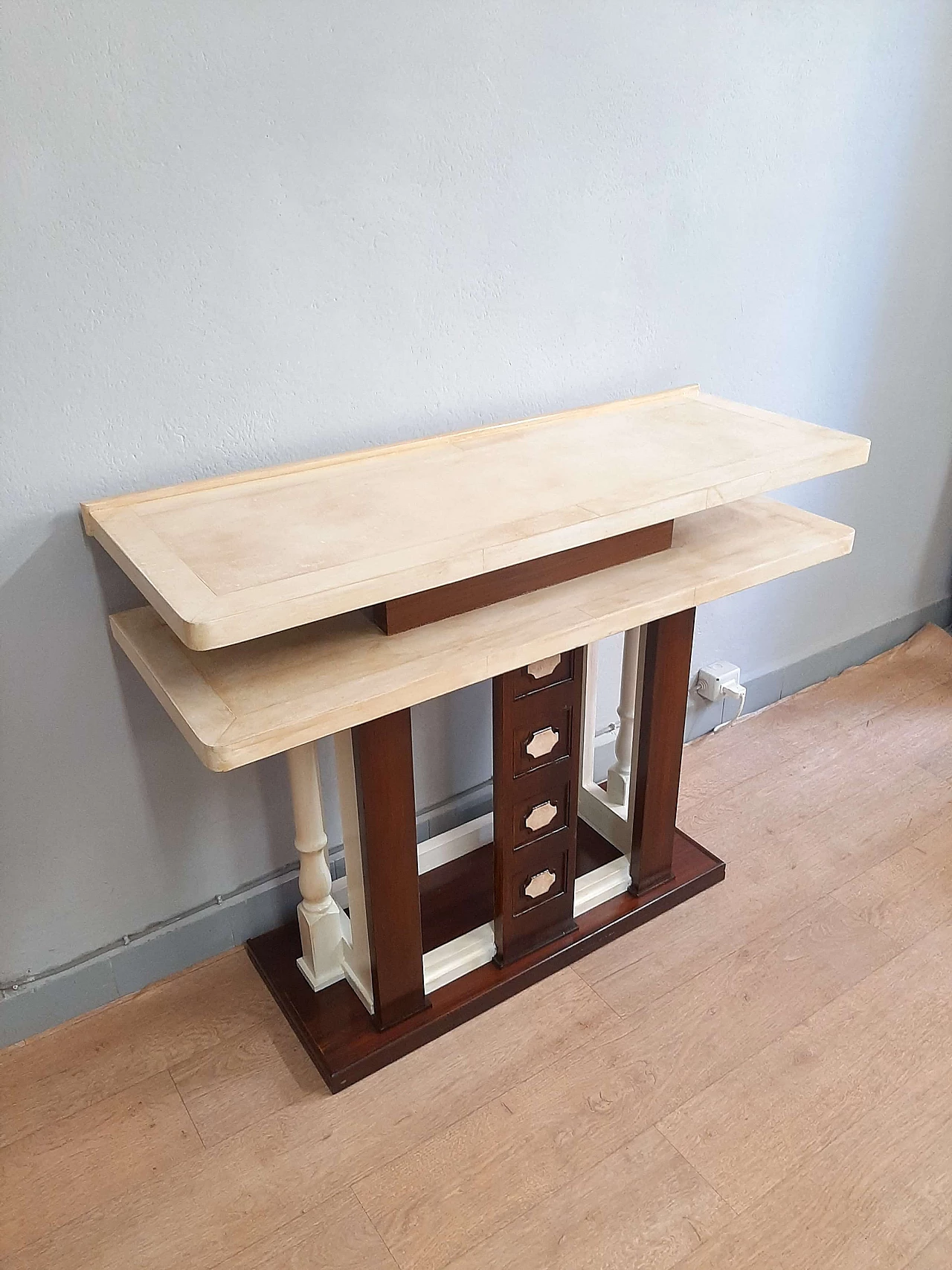 Art Deco walnut, lacquer and parchment console, 1950s 3