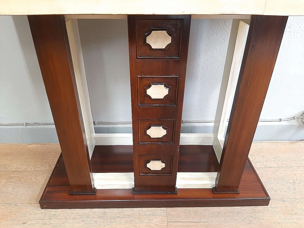 Art Deco walnut, lacquer and parchment console, 1950s 4