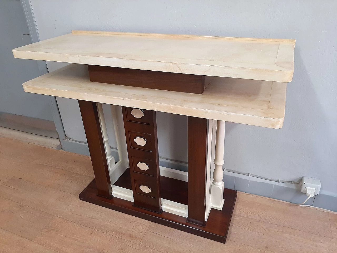 Art Deco walnut, lacquer and parchment console, 1950s 7