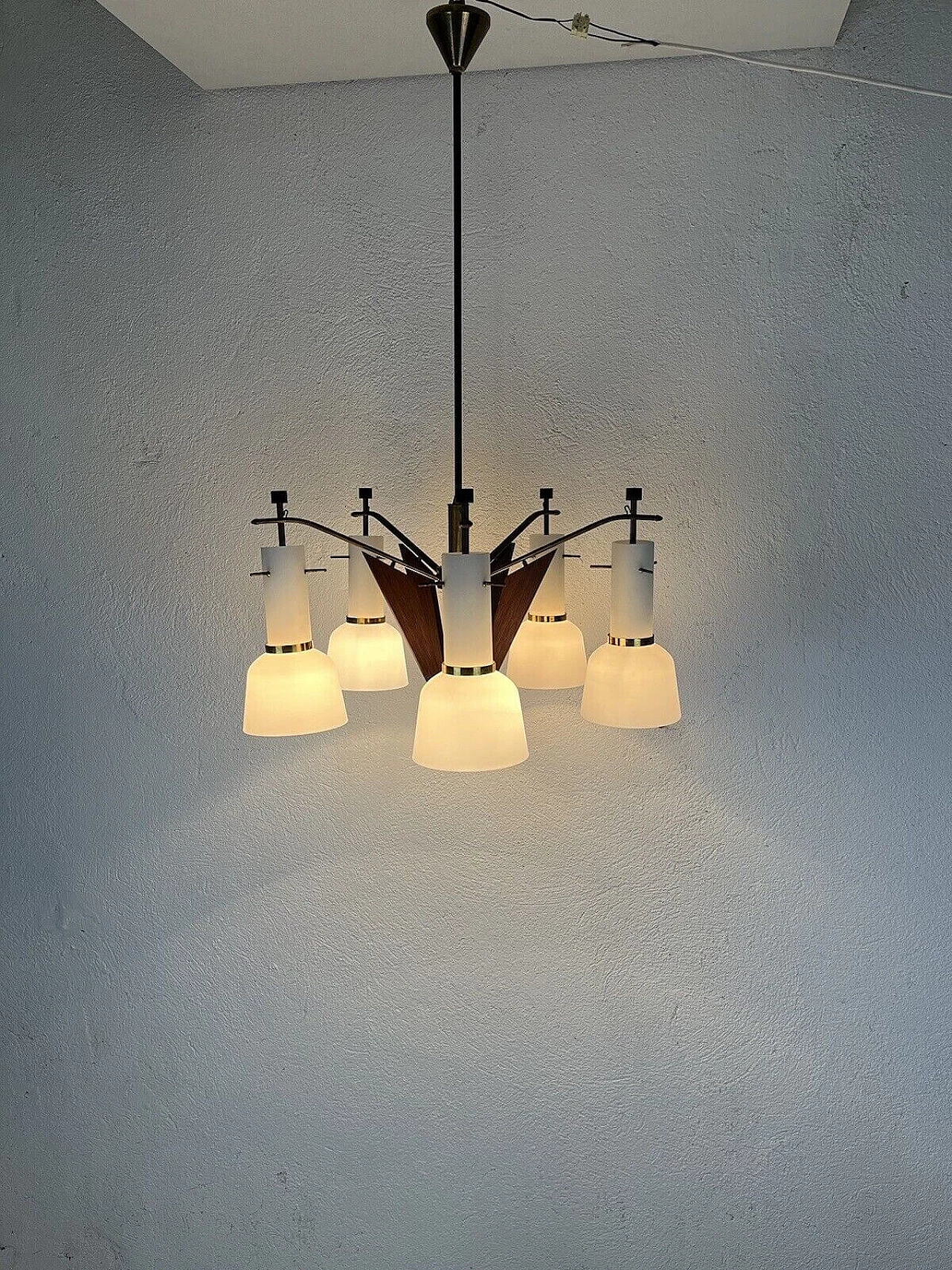 5-light glass, brass and teak chandelier, 1950s 1