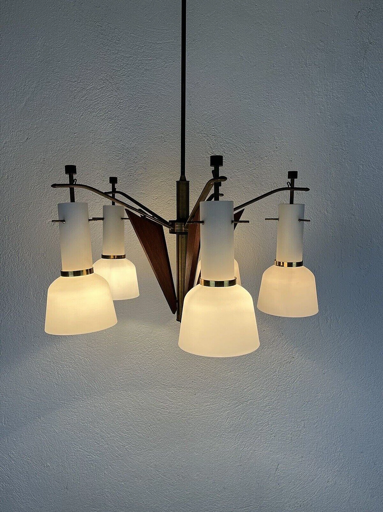 5-light glass, brass and teak chandelier, 1950s 2