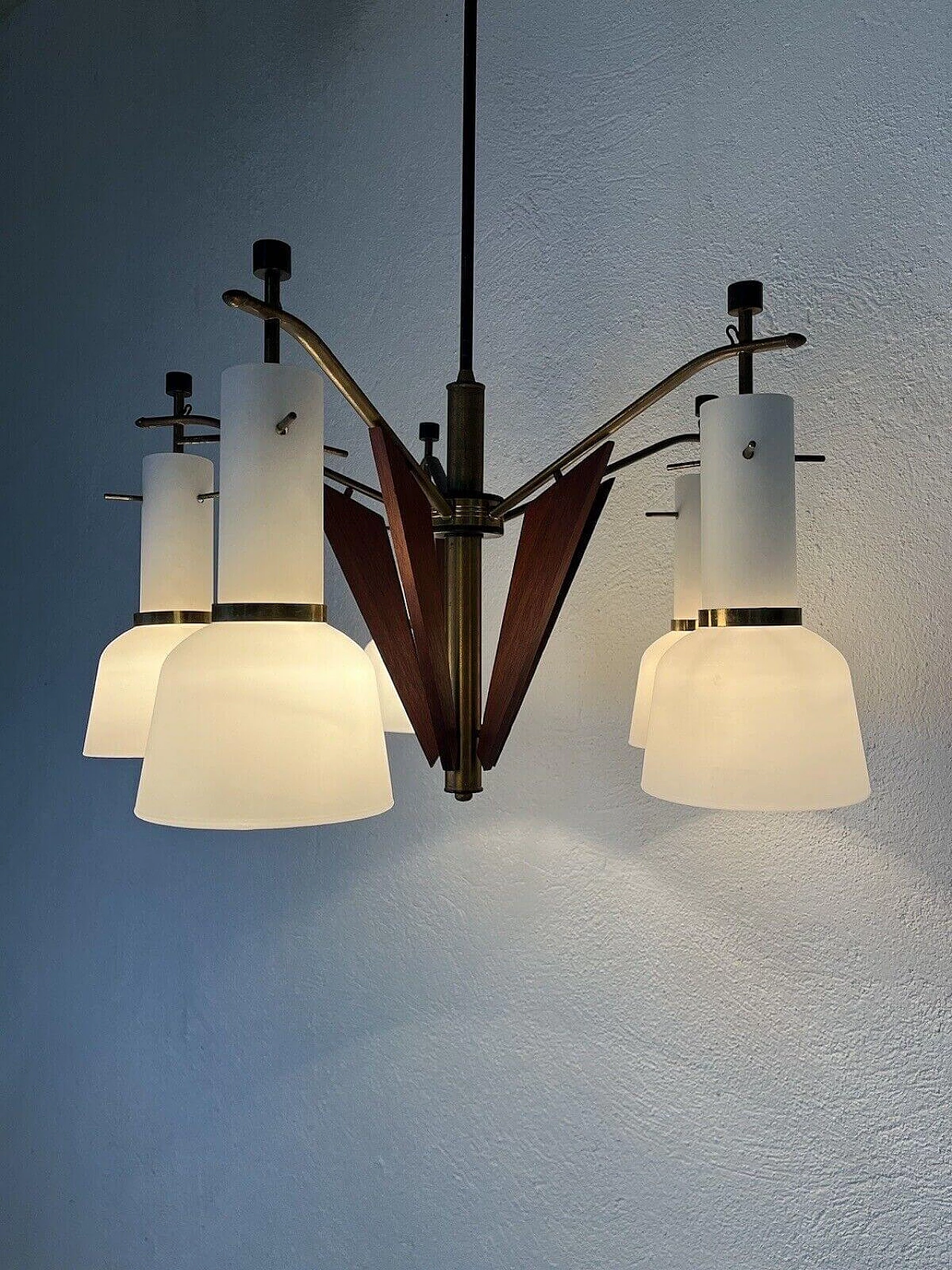 5-light glass, brass and teak chandelier, 1950s 3
